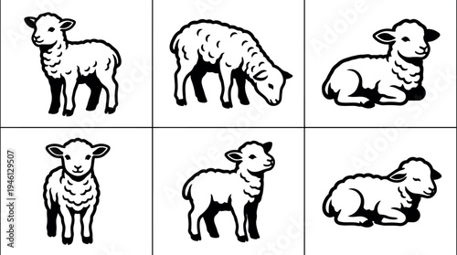 Black and white vector art of six lambs in various poses standing lying and grazing isolated on white background