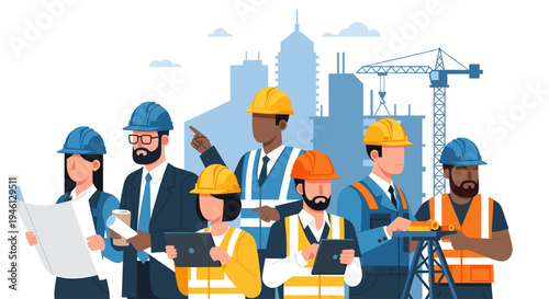 Diverse construction team of engineers and architects at city site