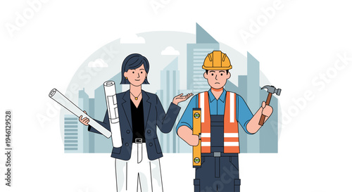 Female architect and builder with tools discuss construction plans