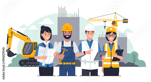 Diverse construction team posing at a professional building site