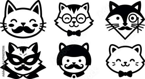 Minimalist black and white stylized cat faces with mustaches glasses and bow ties diverse expressions vector icons set