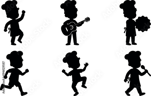 Silhouette vector children playing various roles including singing running dancing holding guitar and pompom in simple black shapes