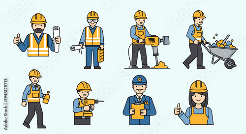 Diverse construction workers and foreman performing various building tasks