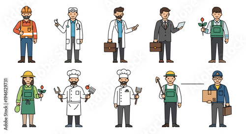 Flat design characters depicting various professional occupations