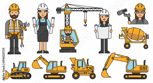 Diverse construction workers and heavy machinery flat design set
