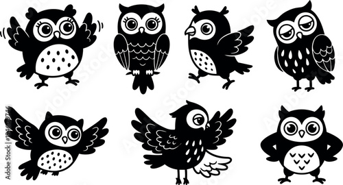 Cartoon black and white owl vector set with various playful poses and expressions isolated on white background simple flat design collection