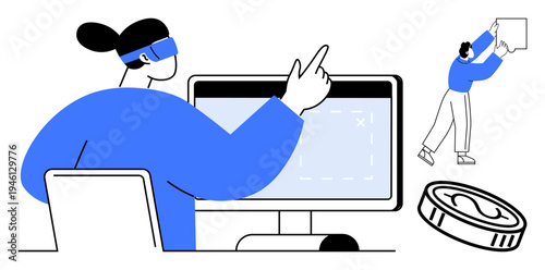 Virtual reality and technology. Virtual reality user interacting with computer while exploring the digital world. Virtual reality drives education, gaming, communication, design, and innovation