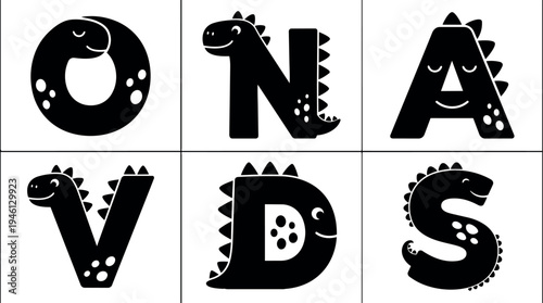 Cute dinosaur alphabet letters o n a v d s with smiling faces and playful cartoon spikes in black and white vector art