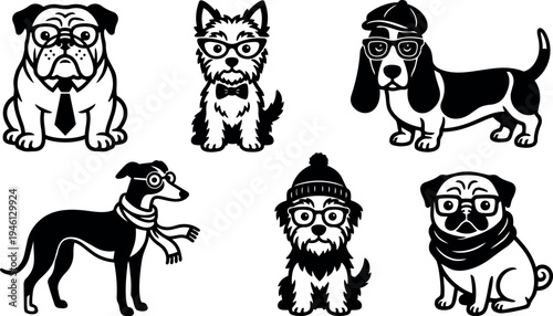 Black and white vector art of six dogs wearing glasses hat tie and scarf in various sitting and standing poses
