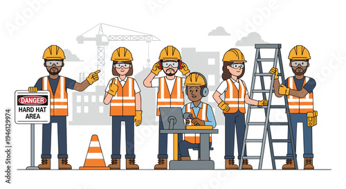 Diverse construction workers team on job site with safety equipment