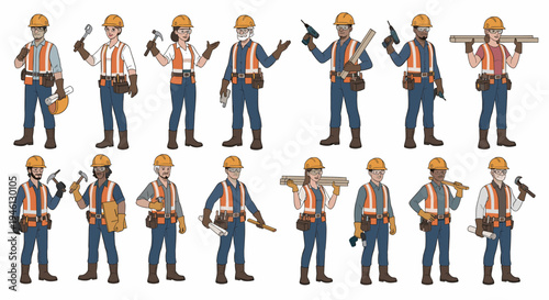 Diverse construction workers with tools wearing hard hats and safety vests