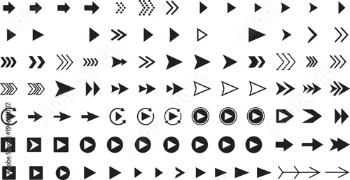 Set of Black Vector Arrow Icons and Media Player Buttons for UI/UX Design