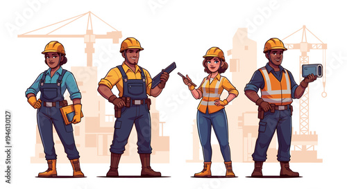 Diverse construction workers team with tools at building site