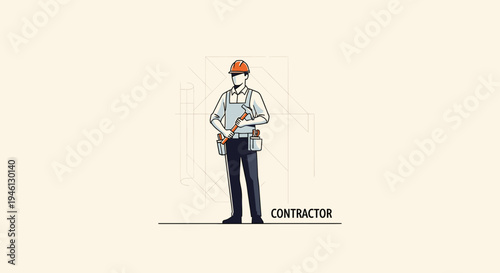 Male construction worker holding hammer with blueprint background