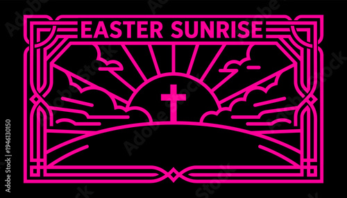Easter Sunrise Vector Template, Religious Symbolism Art Deco Graphic, Christian Holiday Celebration Design, Church Event Promotion, Spiritual Easter Illustration, Minimalist Faith Banner