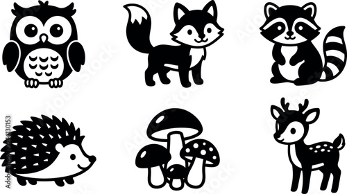 Flat design black and white cute woodland animals including owl fox raccoon hedgehog deer and mushrooms vector art set