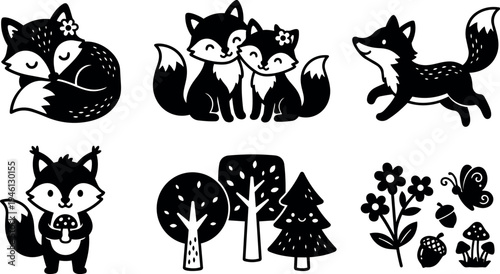 Cute black and white foxes in various poses holding mushroom flowers and sleepy in cartoon style surrounded by trees and nature elements