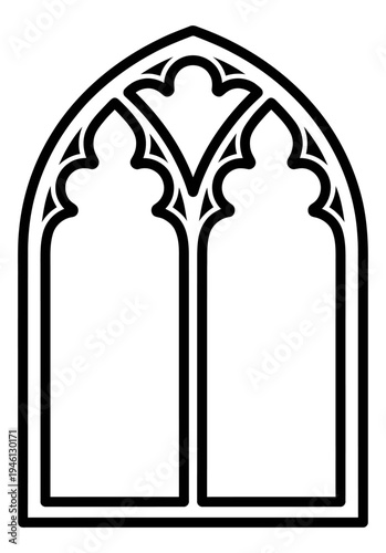 Gothic Window Easter Vector Illustration, Religious Symbolism Graphic, Sacred Architecture Design, Black Outline on Beige Background, Christian Holiday Decoration, Spiritual Church Art, Isolated Clipa
