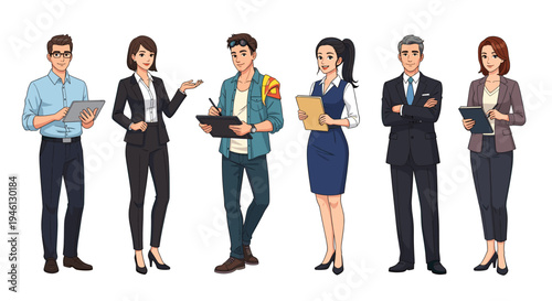 Diverse group of business people holding devices on white