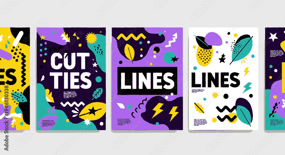 Fototapeta premium Vibrant purple yellow and teal abstract posters with geometric shapes and text on white background memphis style designs