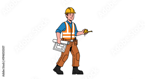 Man construction worker with blueprints and measuring tape