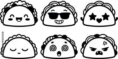 Line art vector tacos with cheerful sunglasses star eyes sleepy dizzy and angry emotions in black and white style