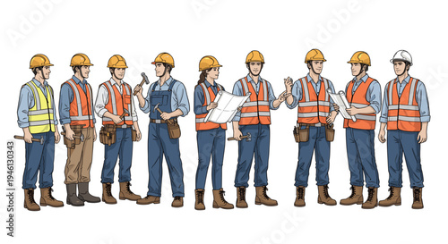 Diverse group of construction workers with tools and blueprints