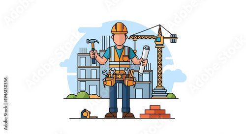 Man in hard hat with tools at construction site