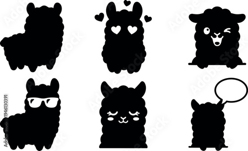Cute alpaca black silhouette icons with various expressions including heart eyes winking glasses and speech bubble vector art