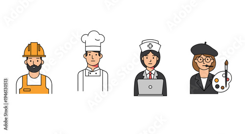 Diverse professional characters set including worker, chef, nurse, artist