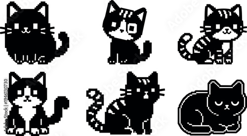 Pixel art style collection of six monochrome kittens with various poses and expressions in cute pixelated black and white design