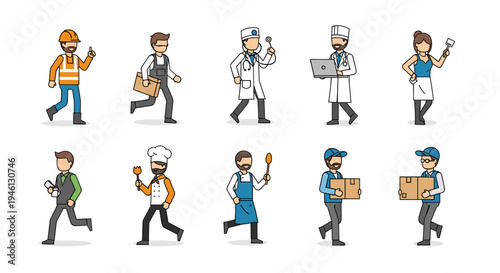 Diverse professional people walking in simple vector style