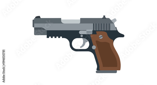 Pistol Vector Illustration, Flat Design, Weaponry Concept, Firearms Graphic, Military Icon