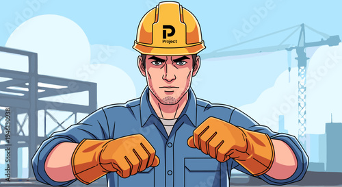 Serious cartoon construction worker in hard hat at building site