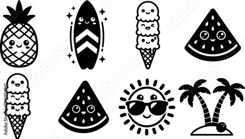 Playful vector design of smiling pineapple triple scoop ice cream watermelon slice sun with sunglasses and twin palm tree island summer theme