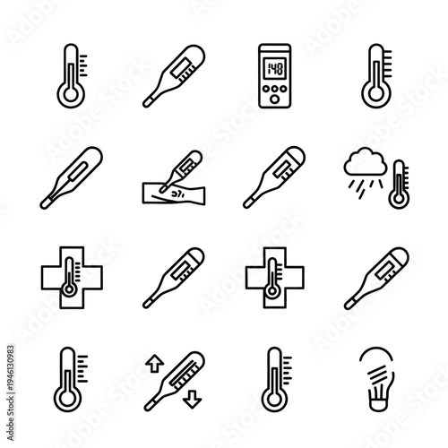 Set of Vector Line Icons Representing Different Types of Thermometers for Medical Household and Weather Temperature Monitoring