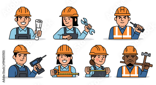 Diverse tradespeople with hard hats and various construction tools