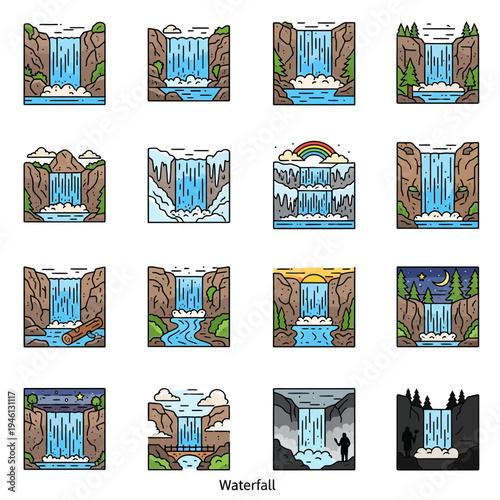 Set of 16 Colorful Waterfall Icons in Various Natural Settings Including Sunset, Night, Winter, and Rainbow Scenes