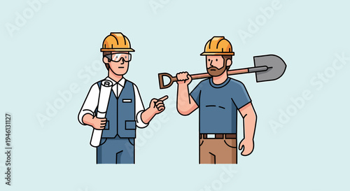 Engineer and laborer discussing construction plans on job site