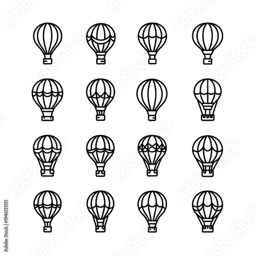 Set of Minimalist Hot Air Balloon Line Icons Isolated on White Background for Travel and Adventure Design Projects