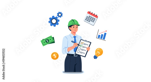 Engineer doing project management with business planning icons