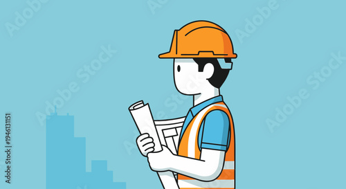 Engineer wearing hard hat reviews blueprints against city skyline
