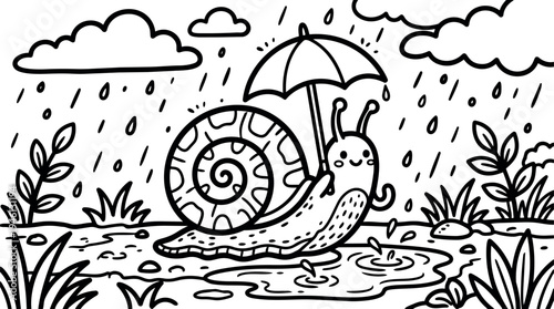Cute smiling snail holding umbrella walking in rain puddle with plants and clouds black line art vector drawing