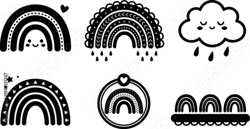 Cute black and white vector art of smiling rainbows with hearts stars and raindrops plus sleeping cloud icons in simple minimal style