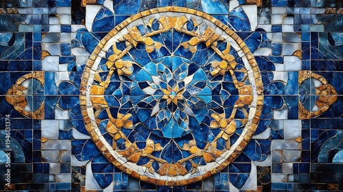 Intricate islamic marble mosaic pattern with blue and gold ornate circle design