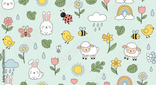 Cute cartoon animals and flowers pattern.