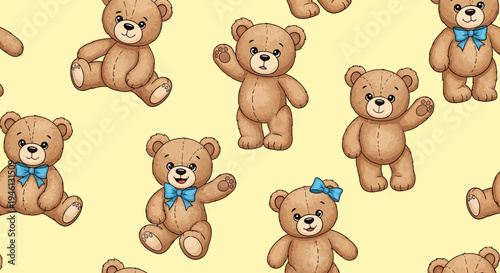 Brown teddy bears with blue bows.