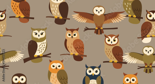 Colorful Owls Perched on Branches.