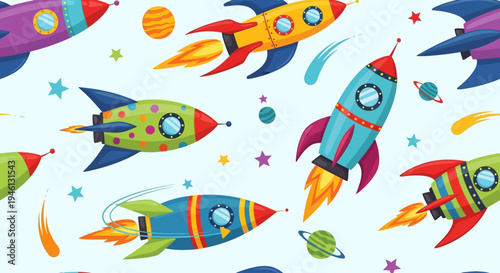 Colorful cartoon rockets in flight.