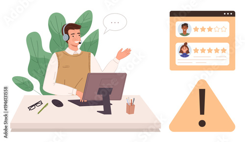Customer service, online reviews, performance evaluation, workplace collaboration, user feedback, problem solving. Customer service agent with headset at desk and review screen. Customer service
